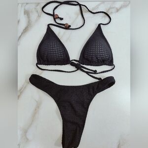 NWOT SHEIN Black Textured String Bikini Top Thong Set, Sz M